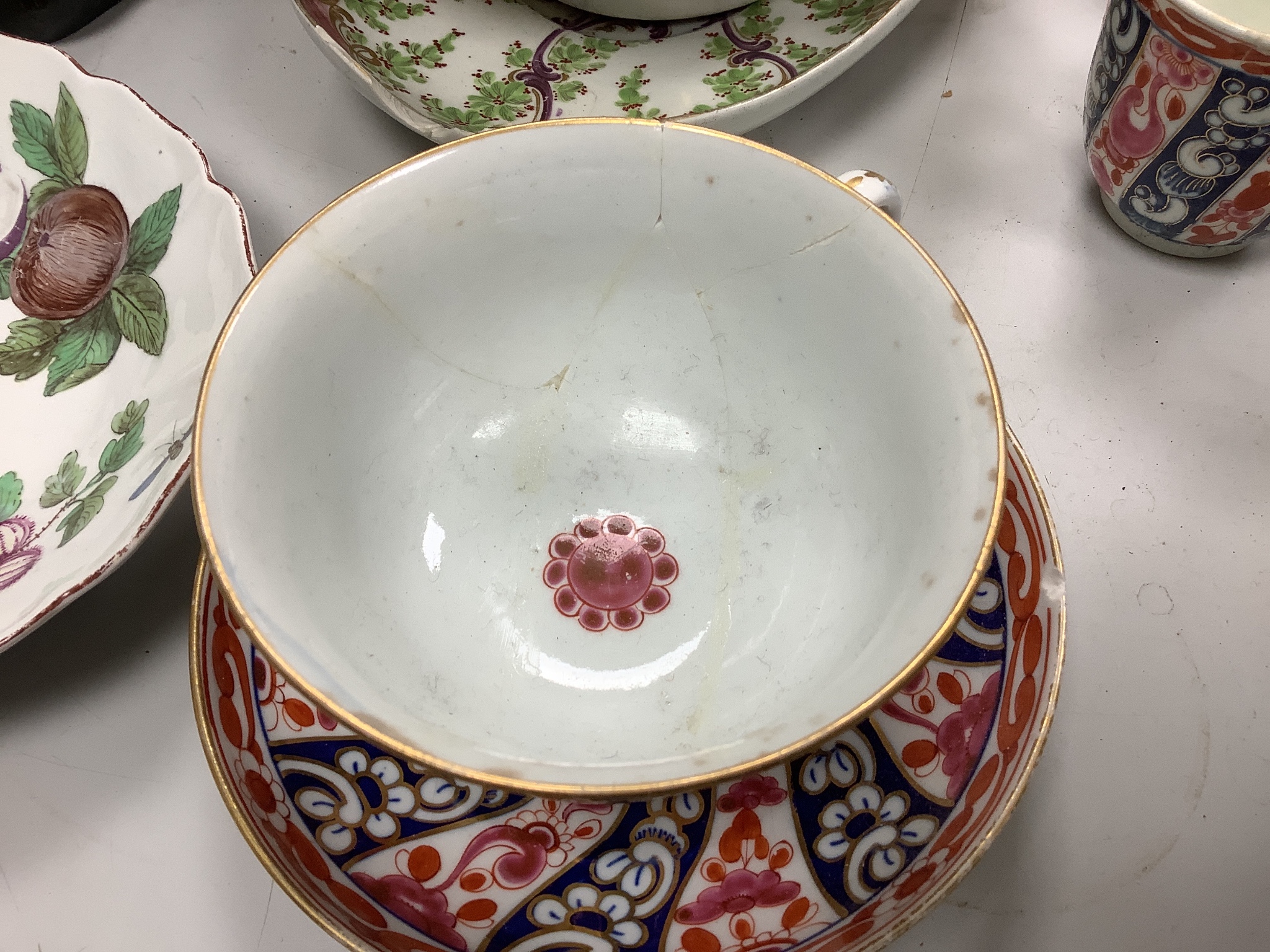 An Assortment of 18th century Worcester and Chelsea porcelain tableware and a Derby figure, damaged